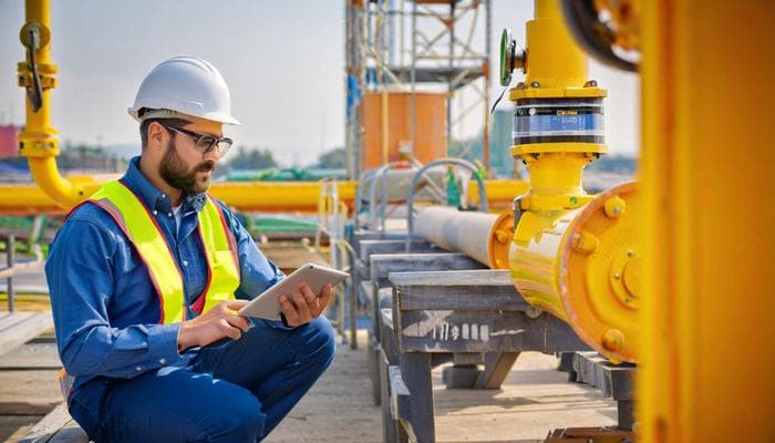 a worker inspecting flowmeter